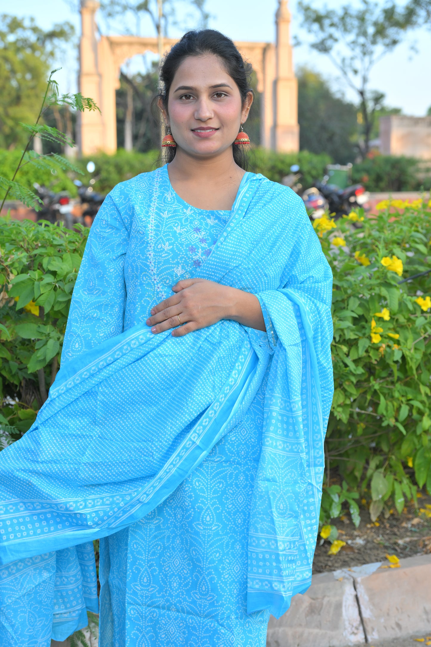 Bhandani Print Sky Blue Kurta Set With Embroidery