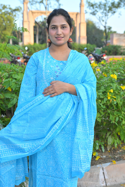Bhandani Print Sky Blue Kurta Set With Embroidery