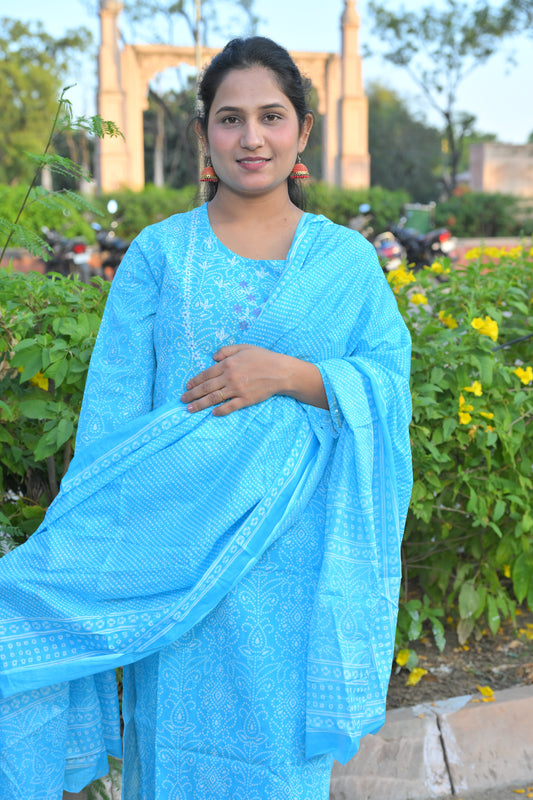 Bhandani Print Sky Blue Kurta Set With Embroidery