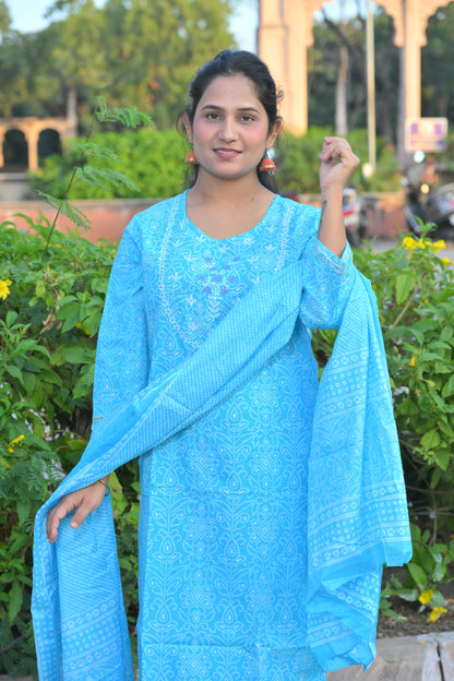 Bhandani Print Sky Blue Kurta Set With Embroidery